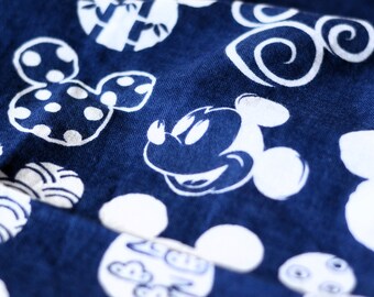 Japanese Tenugui fabric 86cm x 33cm or Japanese hand towel-Blue with white Mickey head illustration