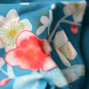 Vintage Furoshiki 71cm x 71cm wrapping cloth-Share of blue Rayon and Nylon Chirimen with illustration of plum blossom