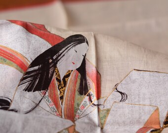 Vintage Japanese 42cm x 42cm cotton handkerchief - Ono no Komachi 小野小町 and her poem from Hyakunin Isshu