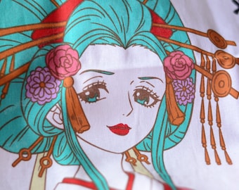 Japanese Tenugui fabric 89cm x 29cm or Japanese hand towel-Manga illustration of a girl in kimono outfit