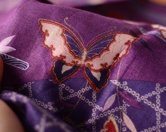 Vintage 41cm x 41cm handkerchief - Japanese leave and butterflies in purple colour