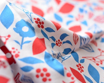 Japanese Tenugui fabric 90cm x 34cm or Japanese hand towel-Red and light blue flowers and leaves