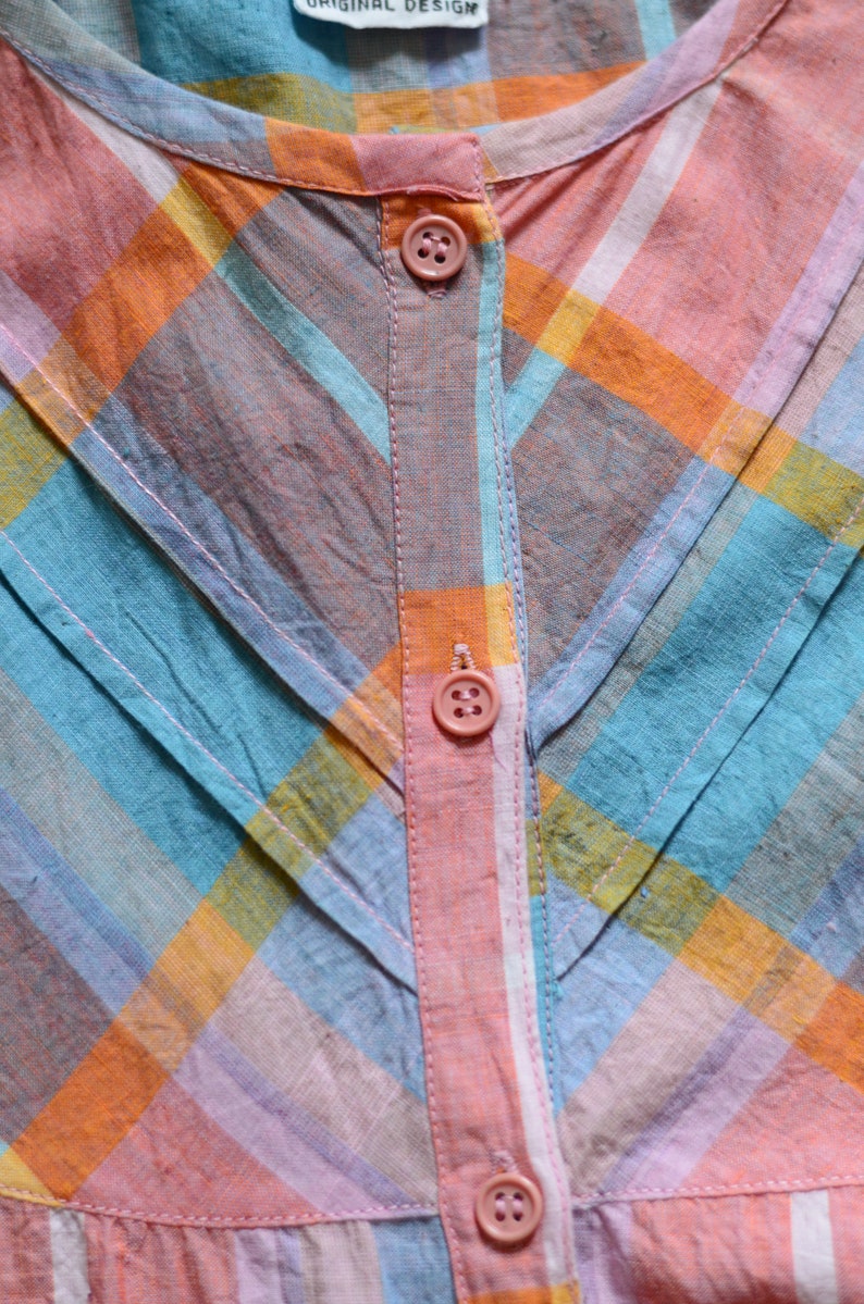 Button down Madras check cotton fabric blouse or top in kimono style sleeveless sleeve