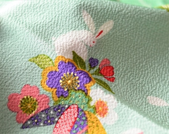 Small Furoshiki 45cm x 45cm bento cloth or wrapping cloth - Flowers, Shibori pattern and rabbit in green shade rayon fabric