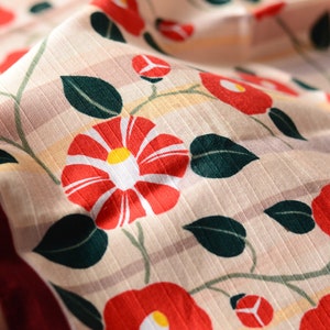 20% Discounts-Furoshiki 46cm x 47cm reusable bento or gift wrapping cloth - Shade of beige with red flowers in cotton fabric