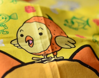 Japanese Tenugui fabric 90cm x 34cm or Japanese hand towel-Cute Cartoon in yellow, orange and green