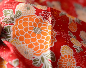 Preloved 52cm x 53cm large Japanese handkerchief or furoshiki wrapping cloth - Orange and yellow chrysanthemum in red cotton