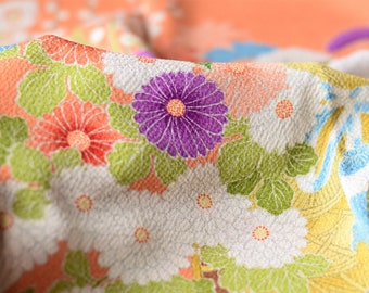 20% Discounts-Vintage Furoshiki 69cm x 70cm wrapping cloth-Silk Chirimen with vintage rickshaw and Japanese flowers