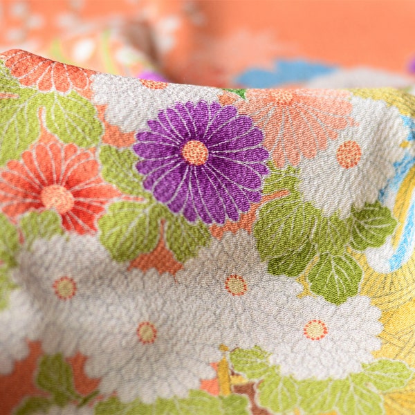 20% de réduction-vintage Furoshiki 69cm x 70cm tissu d'emballage-Silk Chirimen avec pousse-pousse vintage et fleurs japonaises