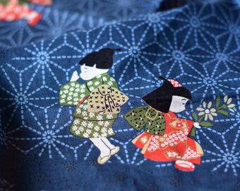 Vintage Japanese 42cm x 42cm cotton handkerchief-Indigo blue aizome dye with Japanese Kids, Asanoha and other pattern