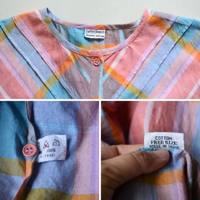 Button down Madras check cotton fabric blouse or top in kimono style sleeveless sleeve