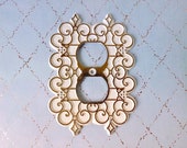 Ornate Brass Outlet Cover, Gold and Ivory, Floral Scroll, Victorian Shabby Regency Decor, Architectural Salvage