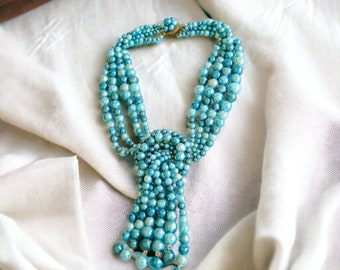 Mid Century Blue Bead Necklace | Vintage Beads, Multi Strand Beaded Tassel