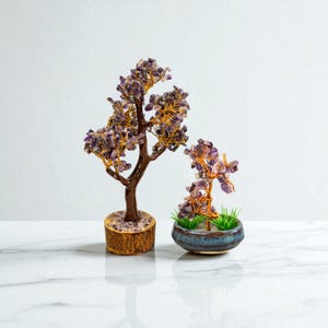 Set of 2 Vintage Amethyst Gem Trees – Handmade Stone Bonsai with Wire and Wood or Ceramic Base