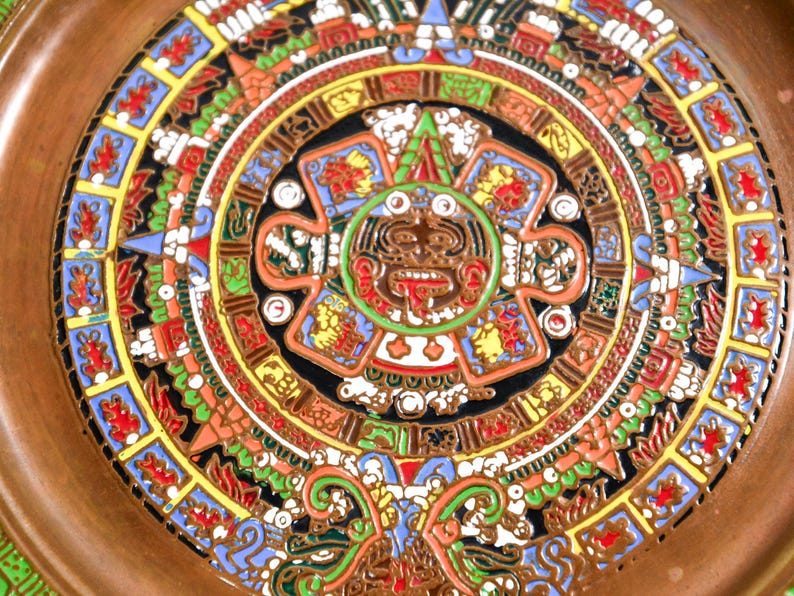 Vintage Mexican Copper Aztec Calendar Wall Plate, Enamel Decor, 8 Inch ...