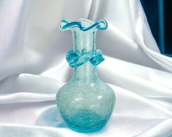 Small Vintage Blue Blown Crackle Glass Bud Flower Vase