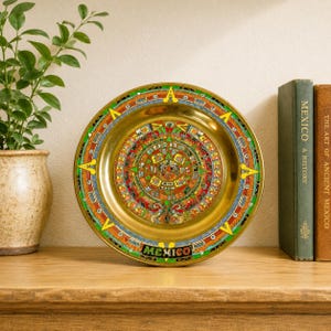 Vintage Mexican Brass Aztec Calendar Plate – 8 Inch Enamel Folk Art Wall Hanging