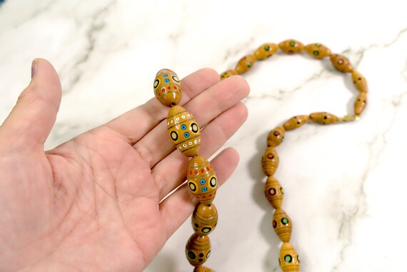 Handmade Polish Folk Art Wood Bead Necklace Hand Painted Inlaid Glass Beads 26 Inch View 4