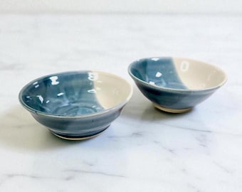 Handmade Ceramic Bowls Blue White Glaze Set Pottery Pair Artisan Signed