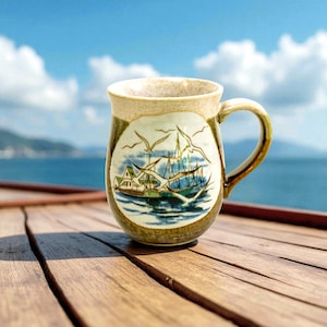 Handmade Stoneware Mug – Nautical Lighthouse & Seagull Design (10 oz)