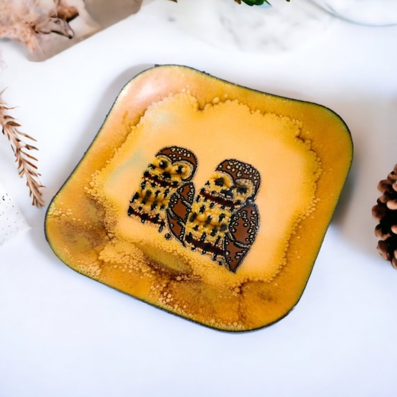 Handmade Enamel Copper Art Owl Dish | Vintage Fol… - image 1
