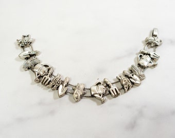 Silver Metal Slide Bracelet | Gardener Gardening Theme Charms | Vintage Costume Jewelry