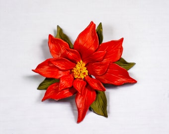 Hand Tooled Flower Leather Brooch | Vintage Handmade Red Poinsettia Pin