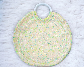 Vintage Beaded Round Tote Bag | White with Pastel Beads and Plastic Ring Handles