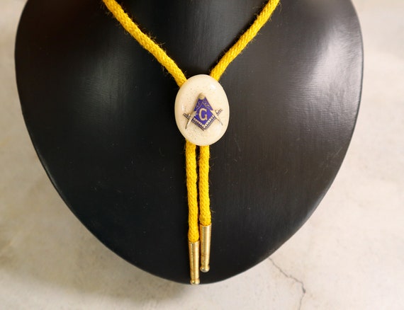 Vintage Masonic Bolo Tie | Yellow Cord | Metal En… - image 8