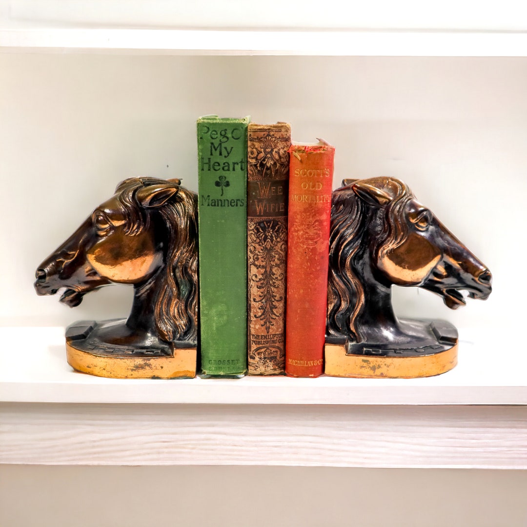 Cast Metal Horse Bookends Vintage Bronze Finish Equestrian Book Ends