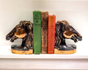 Cast Metal Horse Bookends | Vintage Bronze Finish Equestrian Book Ends Set