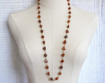 Vintage Gold Wire Wrapped Banded Carnelian Agate Polished Stone Necklace