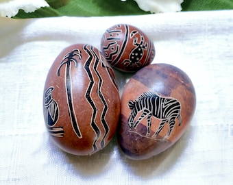 Vintage Stone Egg Figurines | Carved and Painted African Soapstone | Hand Painted Folk Art