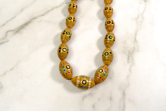 Handmade Polish Folk Art Wood Bead Necklace Hand Painted Inlaid Glass Beads 26 Inch View 6