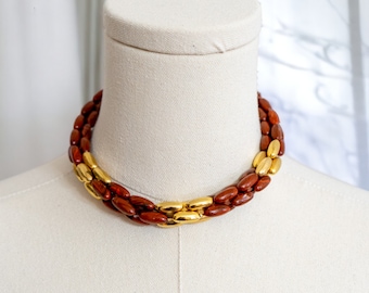 Vintage Brown and Gold Lucite Bead Choker Necklace