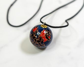 Chiming Cloisonne Dragon Pendant on Black Cord Necklace