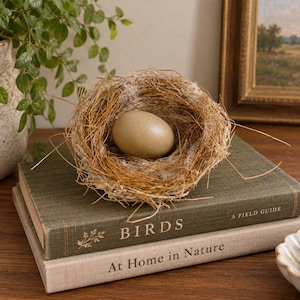May include: A single speckled tan egg rests inside a small, circular bird nest constructed from thin, dried brown twigs and wispy white fibres. The nest is positioned on top of two stacked hardcover books with green and beige fabric covers.