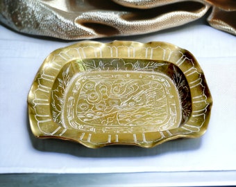 Chinese Brass Tray | Vintage Metal Etched Dragon Bowl