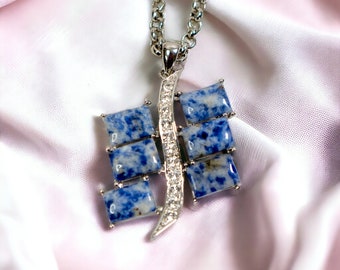 Signed BUTLER Blue Sodalite and Rhinestone Pendant on a Silver Tone Chain Necklace