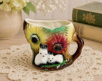 Vintage Eastgate Pottery Fauna Bunny Jug, Rabbit Creamer, Floral Ceramic Pitcher