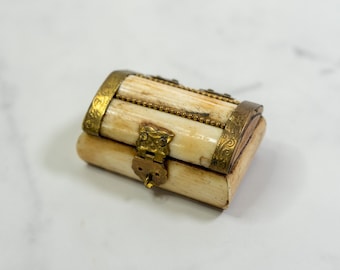 Handmade Bone Brass Wood Trinket | Vintage Mini Treasure Box | Ring Box