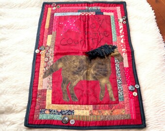 Country Horse Table Topper Quilt | Vintage Handmade Patchwork Quilted Art Tapestry