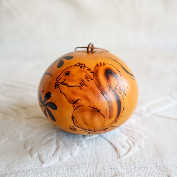 Handmade Gourd Ornament, Vintage Pyrography, Squirrel or Chipmunk / Woodland