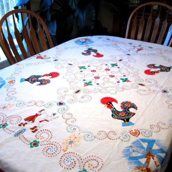 RESERVED FOR asmk2 - Large Vintage Chicken Rooster  Print Cotton Tablecloth / Ethnic Portuguese / Portugal