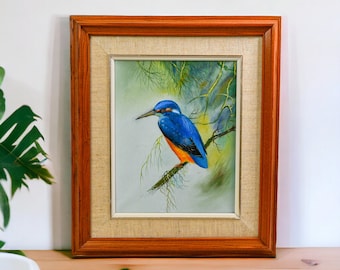 Vintage Framed Blue Bird Painting | Hand Painted Original Acrylic Art