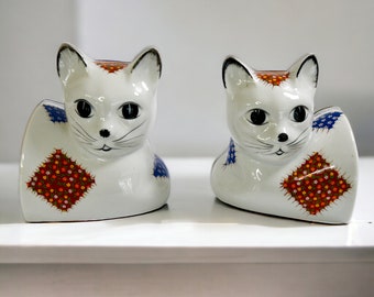 Vintage Ceramic Patchwork Country Cat Bookends | Cat Book Ends Set