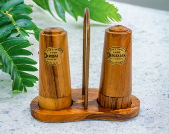 Vintage MCM Salt & Pepper Shakers with Caddy Olive Wood Jerusalem Israel