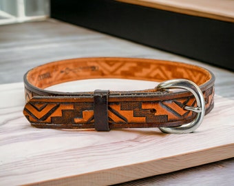 Vintage Child's Tooled Leather Belt | Handmade Brown Leather Belt with Silver Metal Buckle