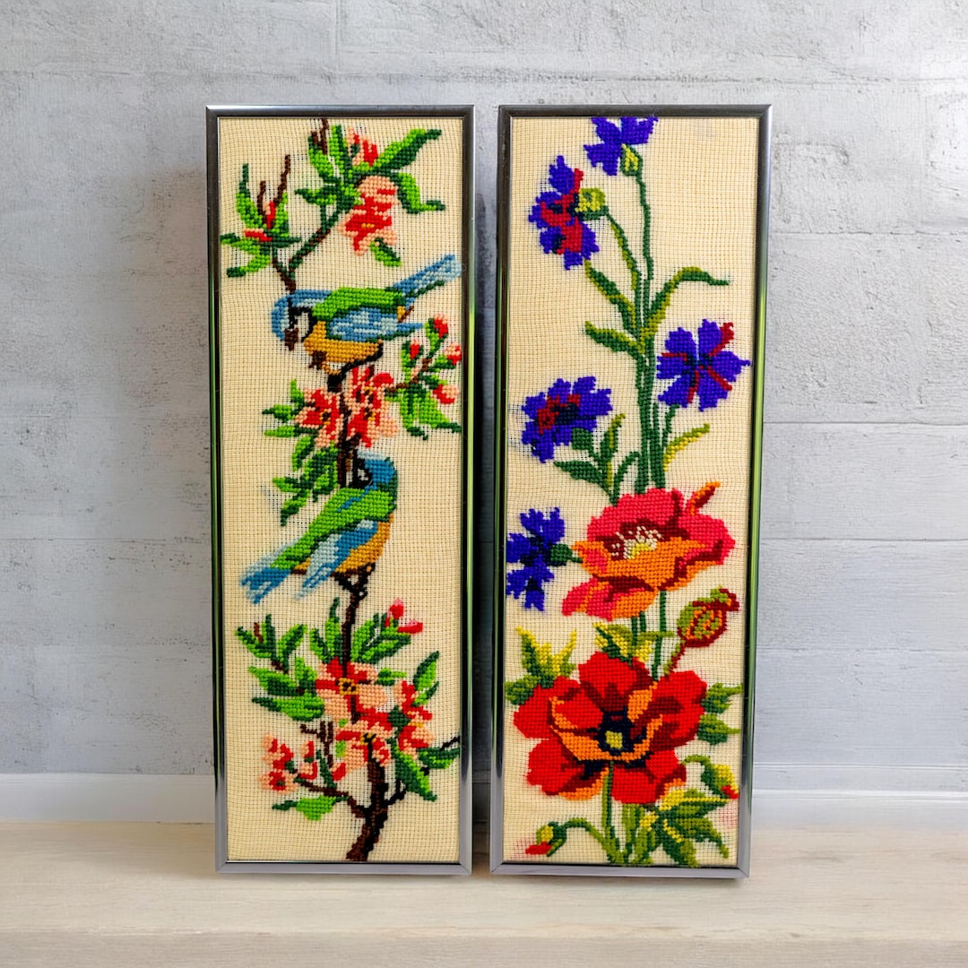 Vintage Framed Needlepoint Floral Bird Embroidery Art Set, Handmade ...
