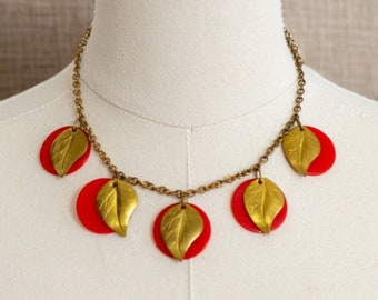 Vintage 1940s Red Plastic and Brass Leaf Necklace